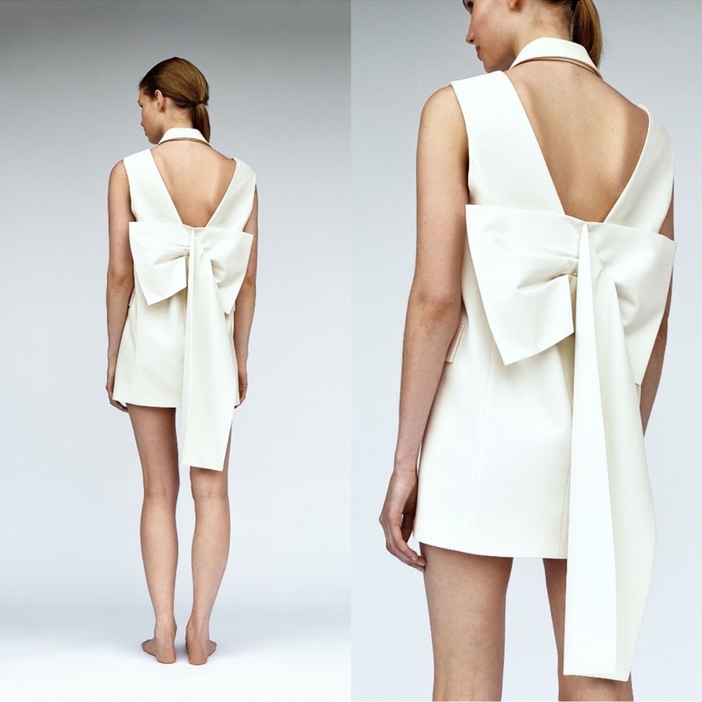 ZARA White Limited Edition Exaggerated Bow Tuxedo Blazer dress Short Waistcoat